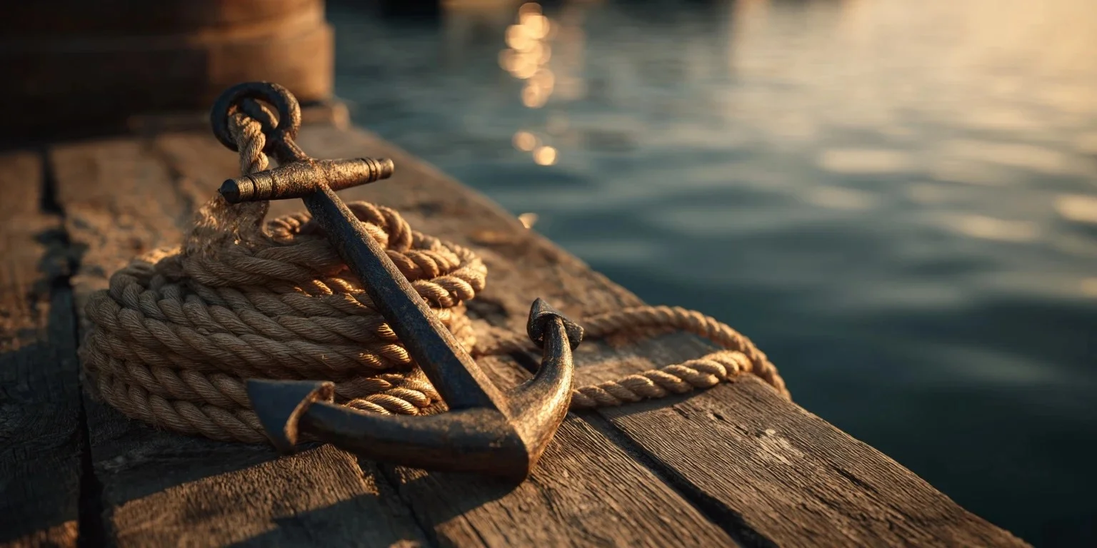 An anchor and rigging line on a weathered dock at Plymouth harbor